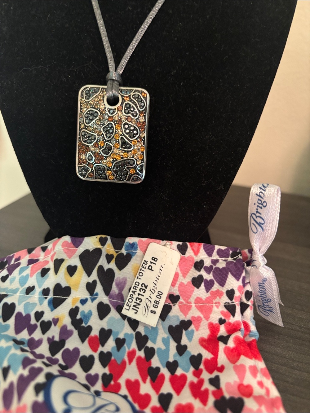 NWT BRIGHTON Leather Cord Necklace w/ Amber & Black Mosaic Pendant includes bag